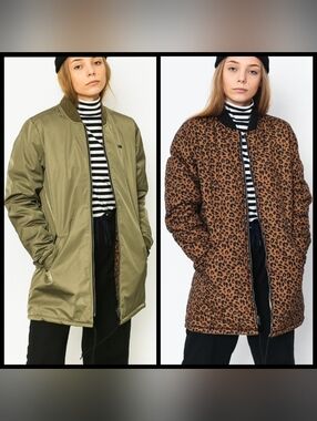 Vans Reversible Bomber Jacket Olive Green Leopard Print Longline Puffer Coat